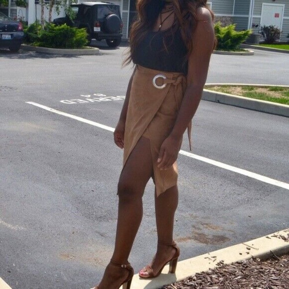 Express Wrap Skirt Brown Tan Faux Suede Tie Waist Pencil High Waist - Picture 3 of 12